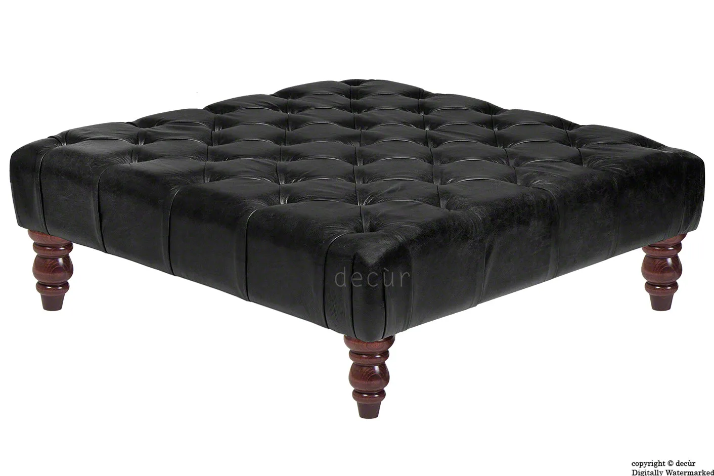 Cecil Buttoned Leather Footstool - Black