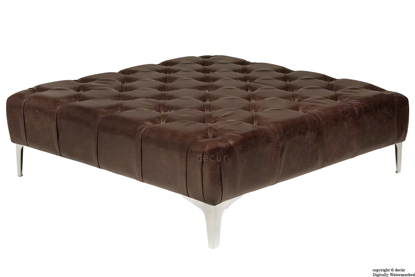 Cecil Modern Buttoned Leather Footstool - Dark Brown