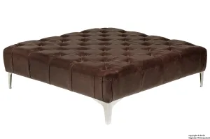 Cecil Modern Buttoned Leather Footstool - Dark Brown