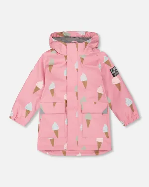 Pink Raincoat With Cones That Change Color Upon Contact With Water